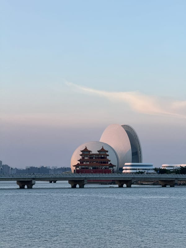 Morning waterfront views captured at Zhuhai Grand Theatre complex