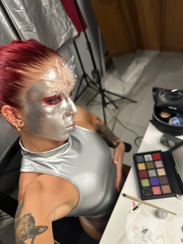 Elaborate silver makeup transformation with crystals in North Kuta