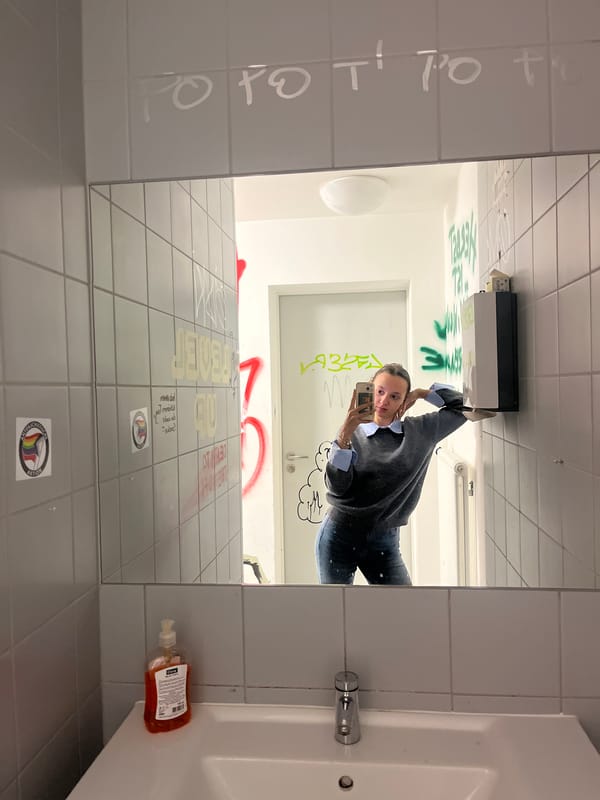 Woman takes mirror selfies in graffitied Saarbrücken restroom