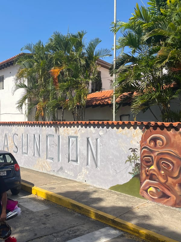 Colorful street mural with portraits observed in tropical urban setting