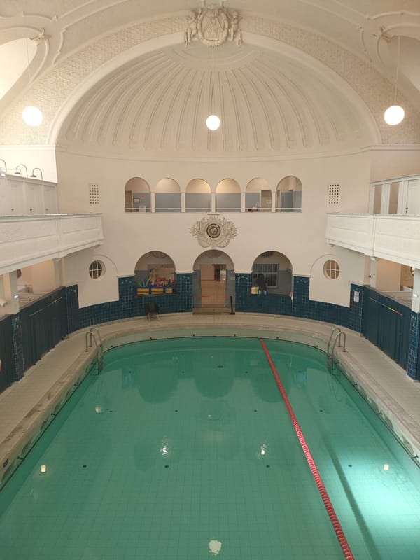 Strasbourg indoor spaces documented: municipal pool and stained-glass windows