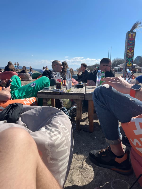 Beachside dining scene observed in Burgas, Bulgaria