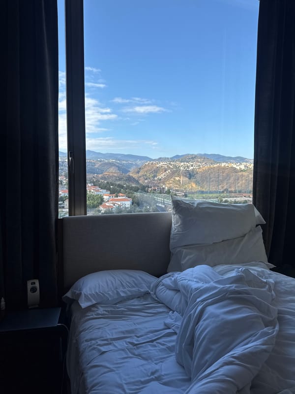 Hotel room view captures mountains and residential area