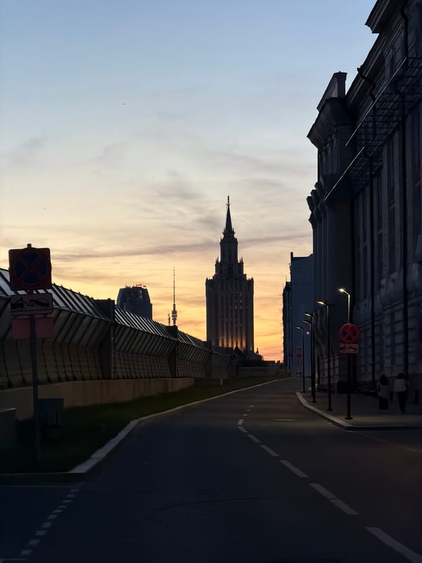 Moscow street scene captured during dusk-to-night transition