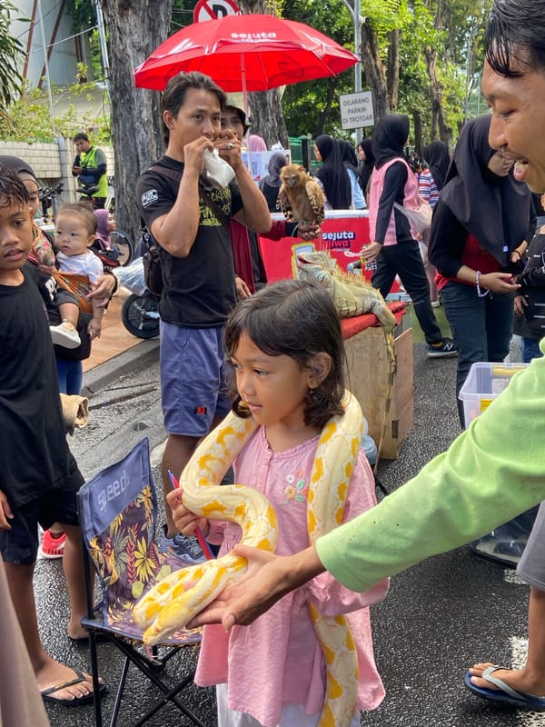 Costumed street performers entertain children with exotic animals in Surabaya
