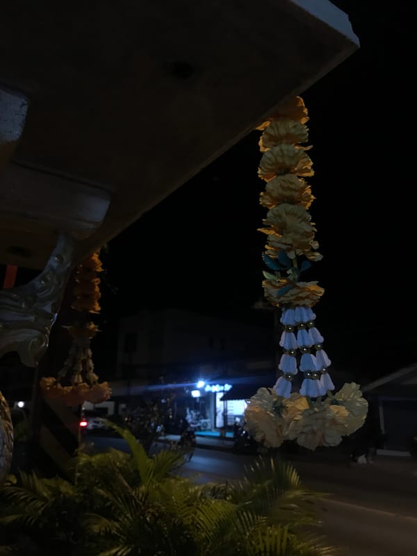 Nighttime floral displays and angel sculptures documented in Thailand