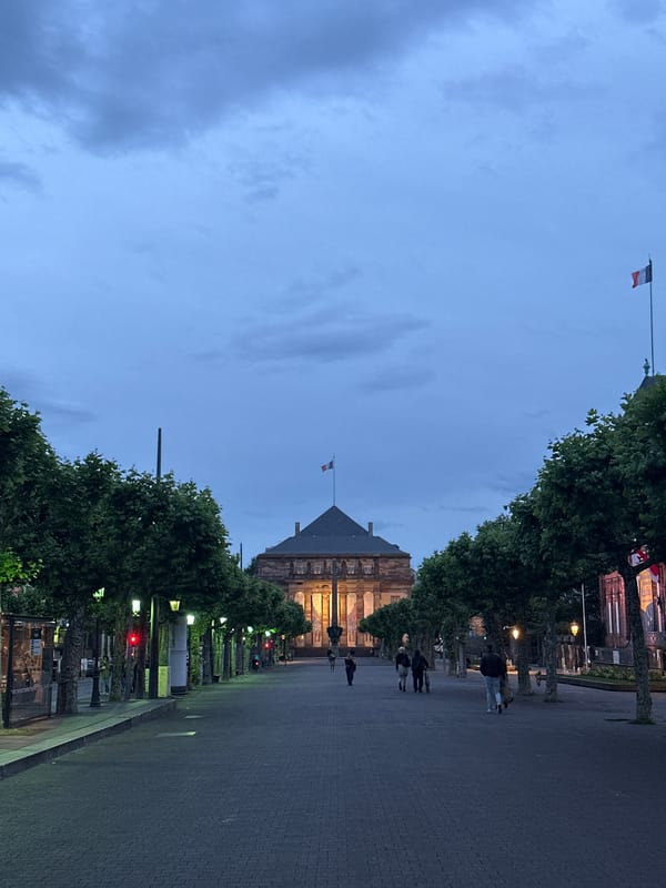 Evening twilight documented on historic Strasbourg avenue, June 2026