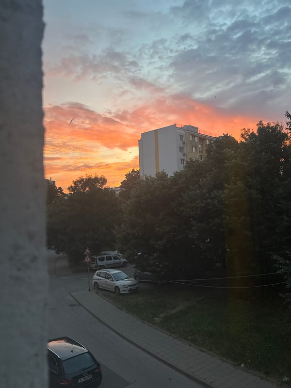 Sunset light over a residential neighborhood, inside and out