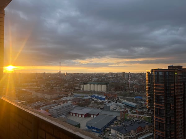 Sunset cityscape captured from high-rise in Krasnodar, Russia
