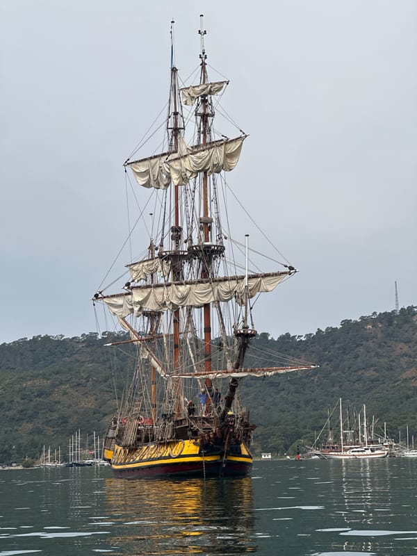 Tall ship moored in Fethiye harbor, Turkey
