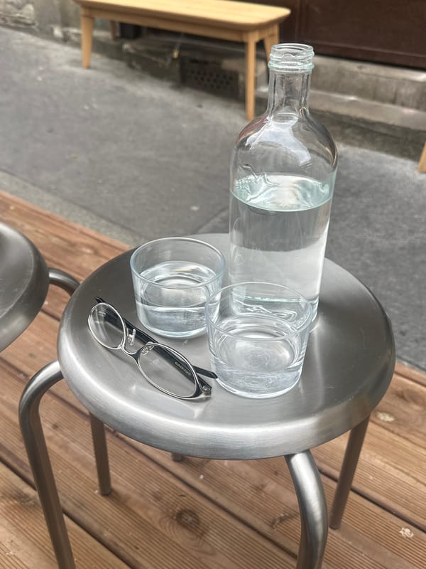 Outdoor table scene captured with water bottle and glasses in Paris