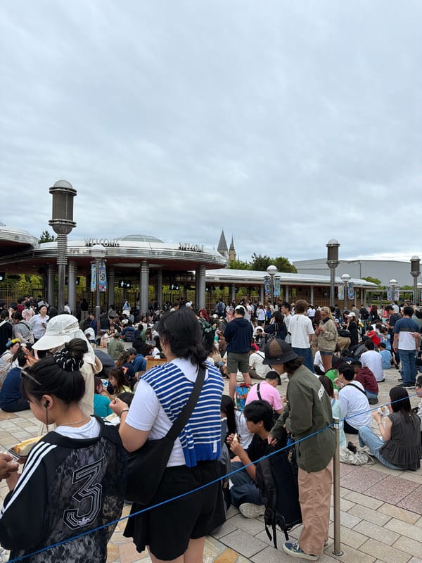 Crowds gather at Universal Studios Japan during evening hours