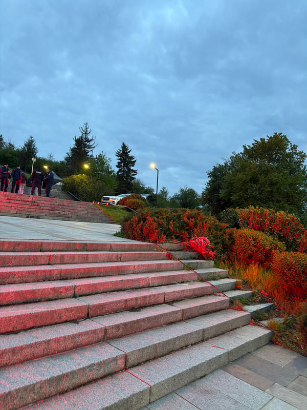 Evening activity recorded at illuminated Mother Bulgaria monument, Panagyurishte