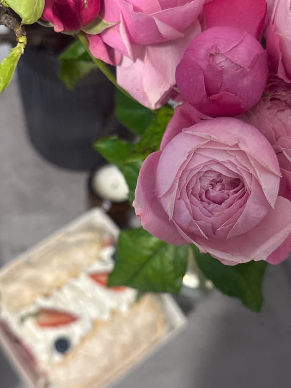 Pavlova cake and pink roses documented in Kazan