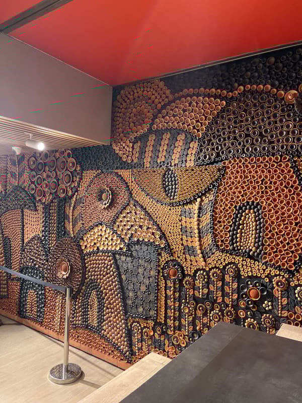 Clay ceiling artwork displays organic pattern in Dhaka