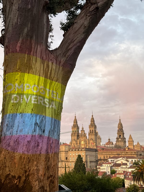 Rainbow-painted diversity tree frames Santiago cathedral views