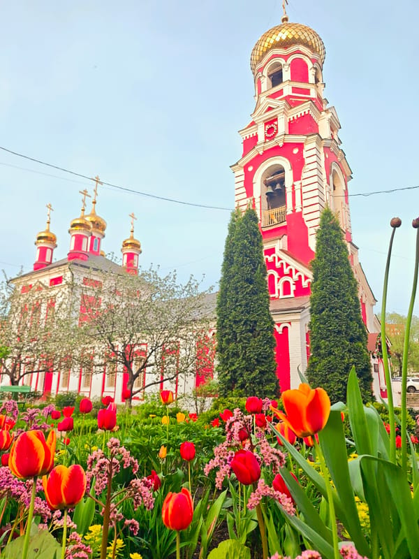 Urban architecture documented: log house and orthodox church