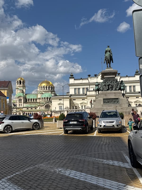 Equestrian monument observed in Sofia under partly cloudy skies