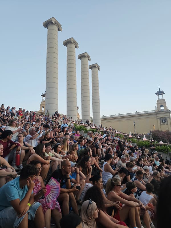 Crowds fill Montjuïc for the Magic Fountain light show at dusk
