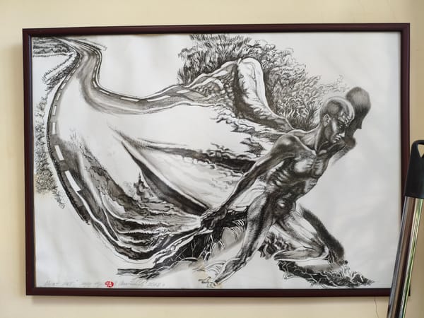 Framed surreal ink drawing observed multiple times in Burgas