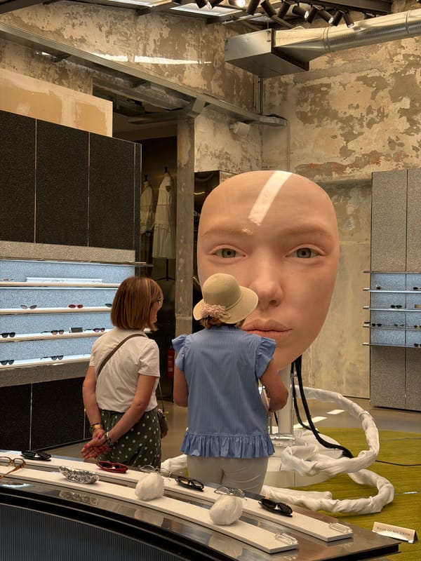 Surreal face sculptures meet sunglasses retail in Milan store