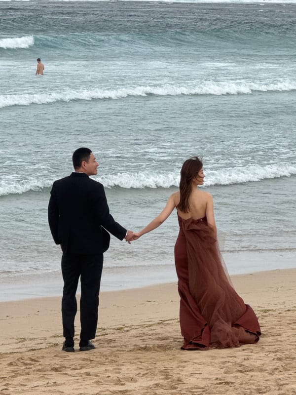 Formal couple shoot on a cloudy Kuta Selatan beach