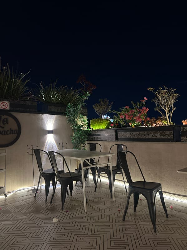 Early morning view of La Bacha restaurant patio in Cholula