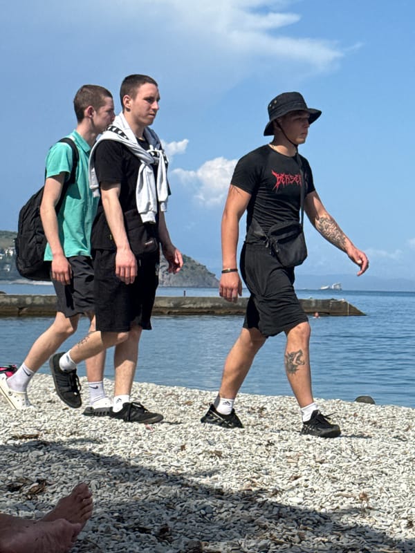 Beach gathering with families, swimmers documented at unknown pebble shore