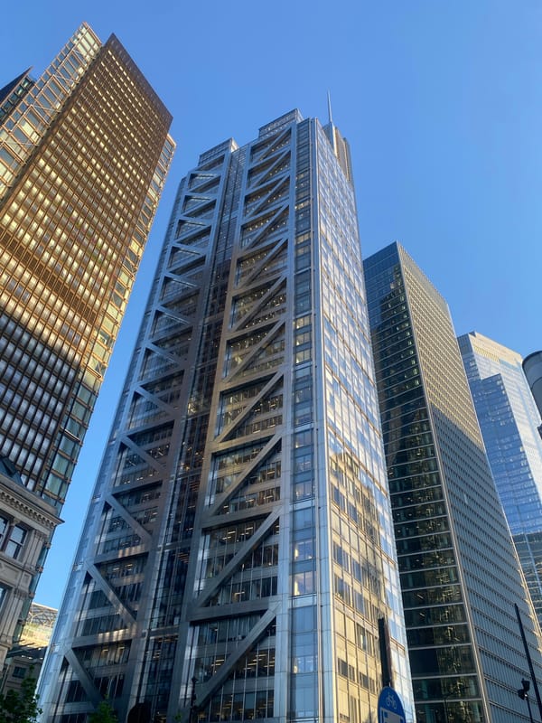 Modern London skyscrapers photographed from below against clear sky
