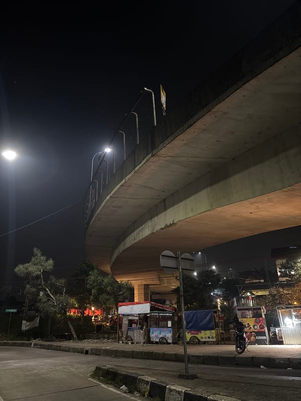 Street food vendors operate under Bogor overpass at night