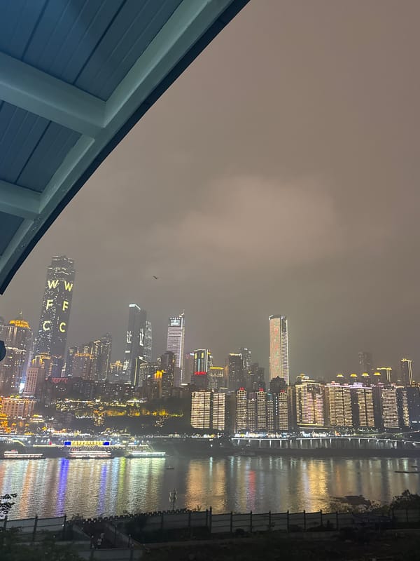 Chongqing's illuminated skyline and red bridge captured at night