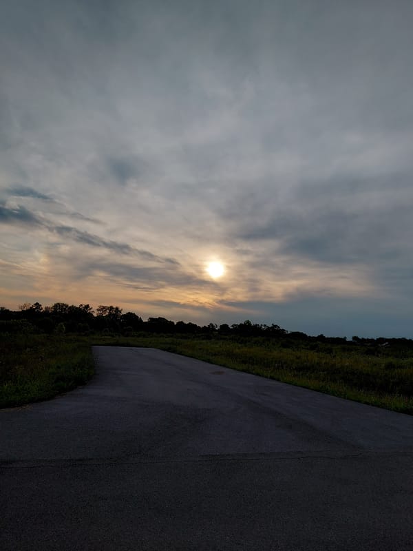 Rural road and open fields at dusk, Nicholasville, Kentucky