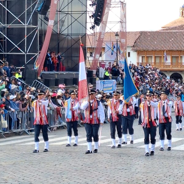 Civic parade fills Cusco's Plaza de Armas with uniformed groups