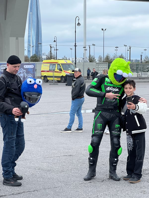 Motorcycle group gathers under bridge in Saint Petersburg