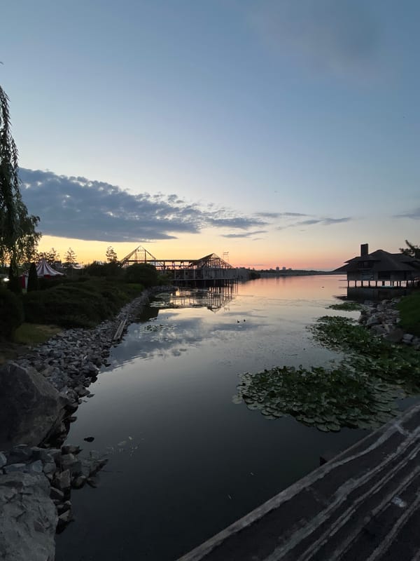Quiet dusk along Dnipro's waterfront, July 2026