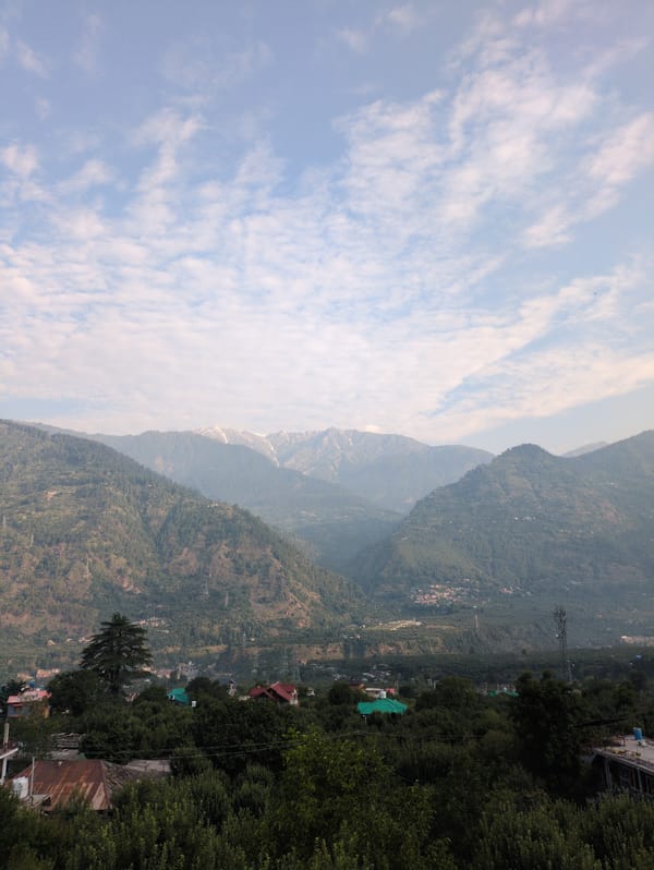 Snow-capped peaks and green valleys above Naggar, Himachal Pradesh