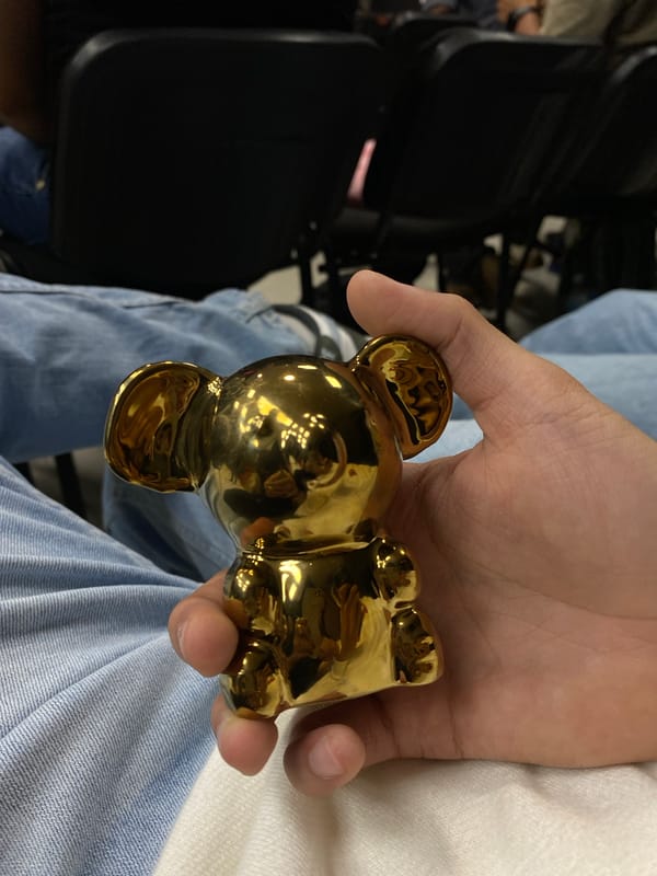 Evening observations capture bear figurine, BBVA Tower in Puebla