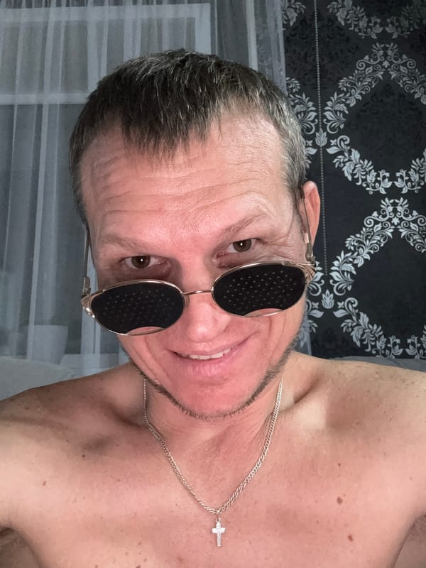 Relaxed selfie session in Oskemen, pinhole glasses and peace signs