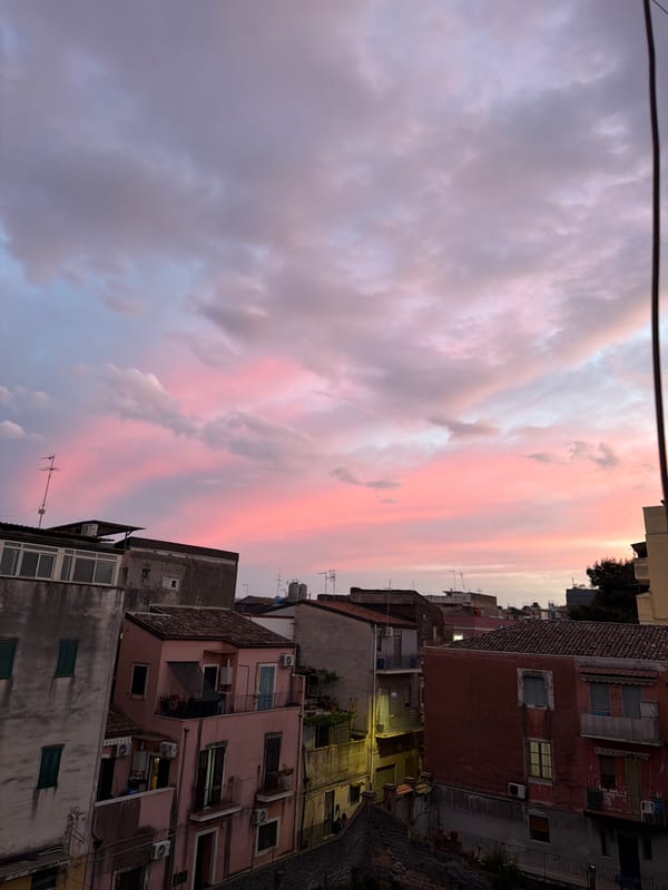 Dusk cityscape documented across four views in Catania