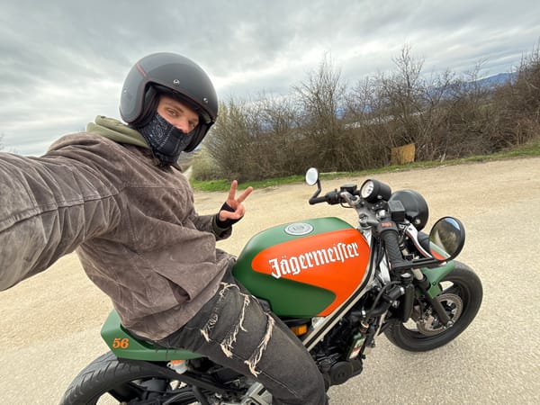 Custom Jägermeister motorcycle spotted with rider in Montana, Bulgaria
