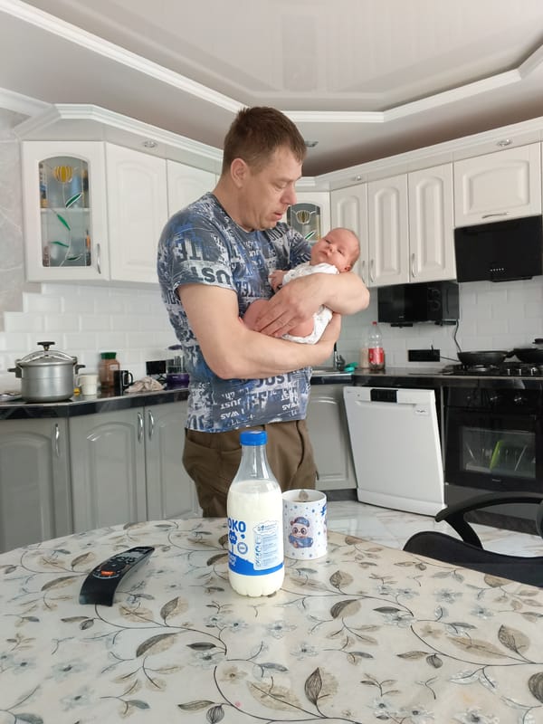Morning family breakfast scene documented in Andreyevo, Russia