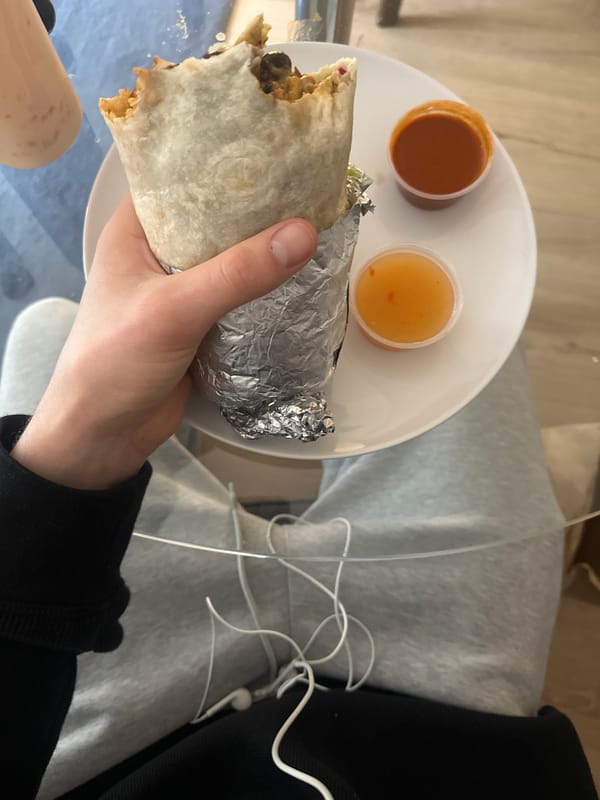Londoner captures overhead shot of burrito lunch with condiments