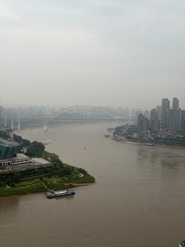 Chongqing's Yuzhong District skyline and riverfront on a cloudy evening