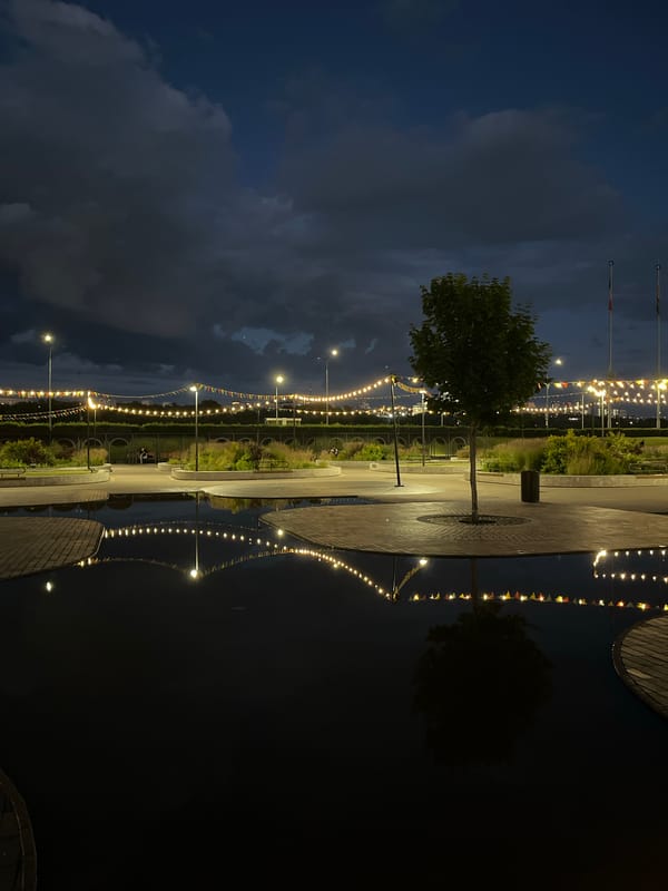 Nizhny Novgorod fairgrounds and promenade lit up at night