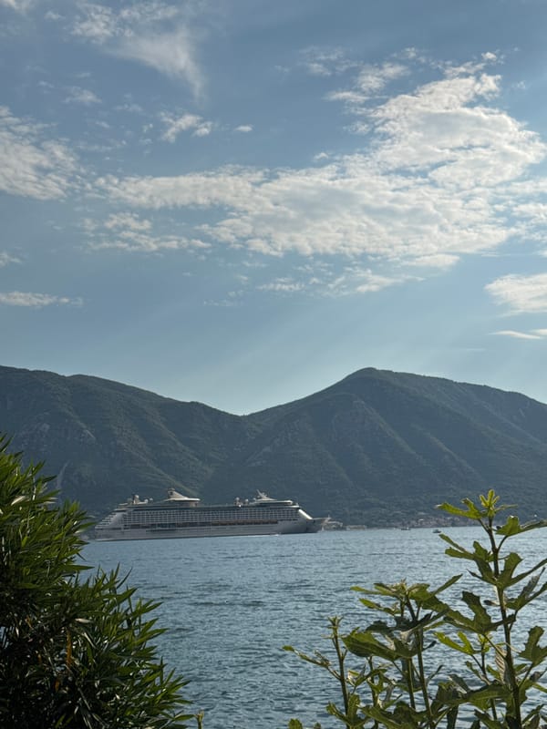 Cruise ship anchored in the calm Bay of Kotor