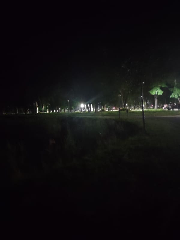 Nighttime stroll through a lamplit park pathway