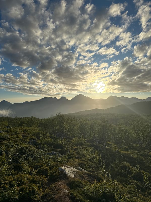 Golden light over a rocky, green mountain landscape in northern Norway.