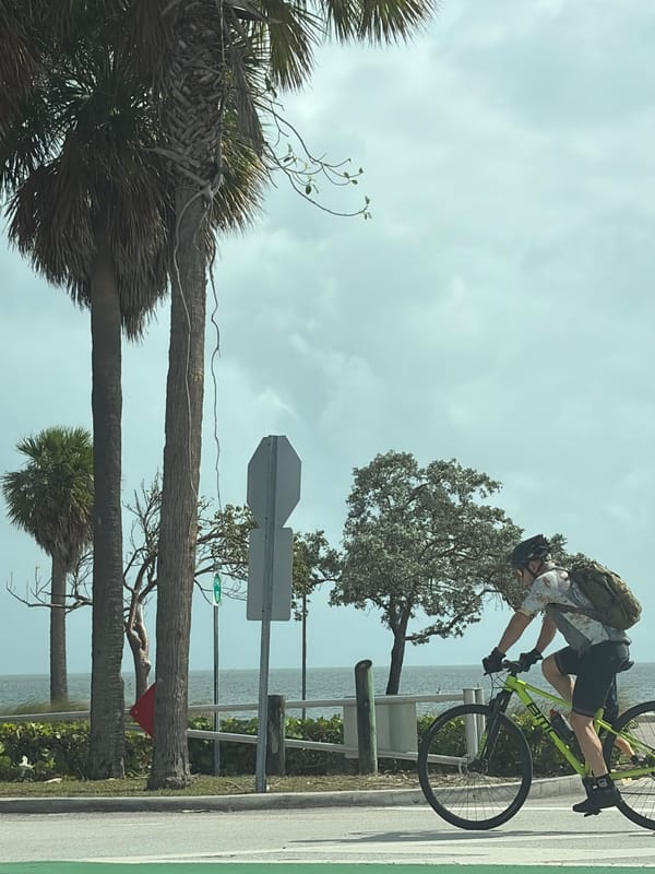 Cyclist rides waterfront path in Miami at sunset
