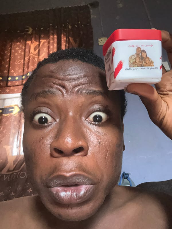 Person photographed with personal care products, various expressions captured