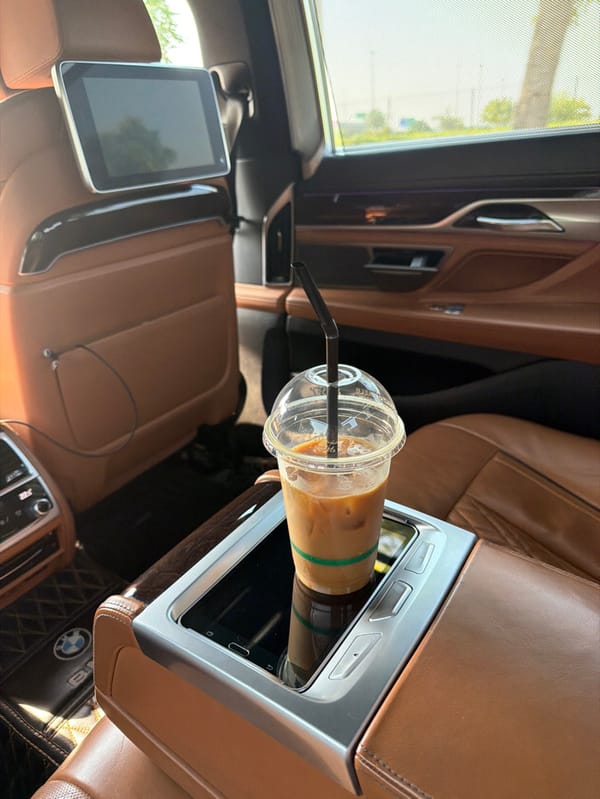 Iced coffee spotted in luxury BMW rear compartment, Dubai